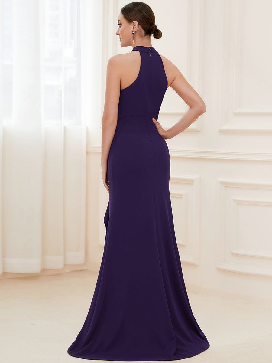 Ruffled Front Slit Cinched Waist Halter Sleeveless Evening Dress #color_Dark Purple