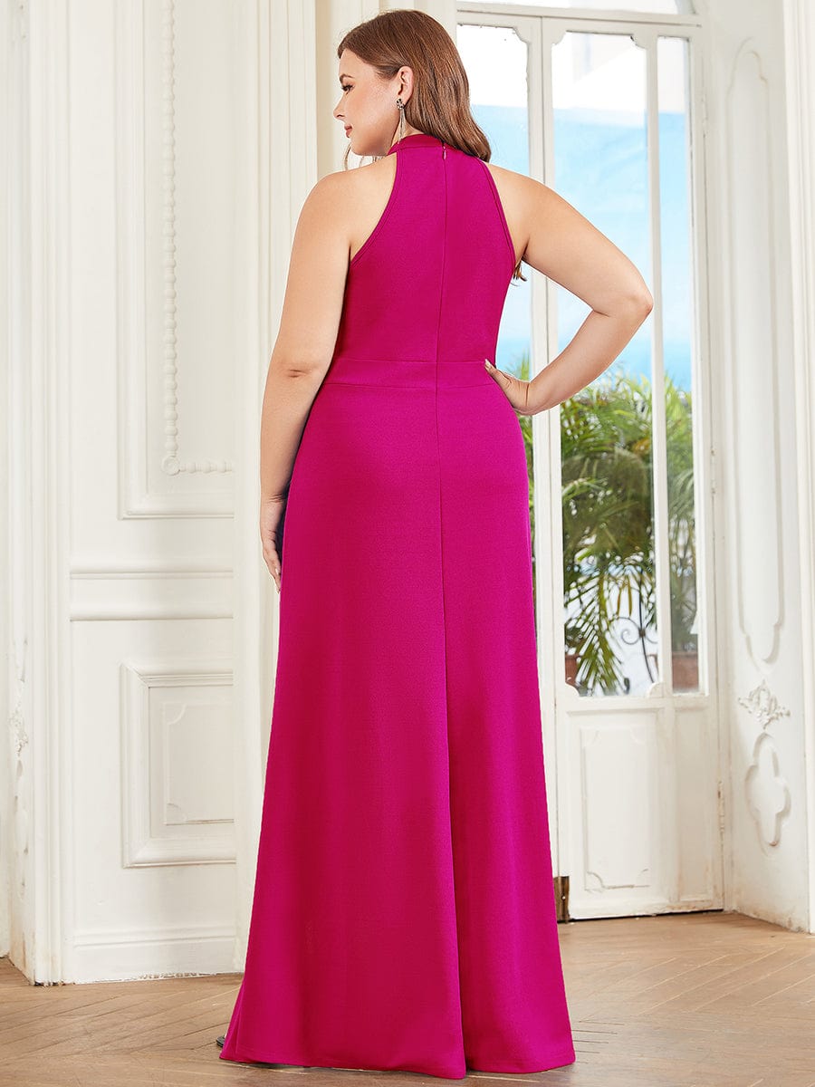 Ruffled Front Slit Cinched Waist Halter Sleeveless Evening Dress #color_Hot Pink