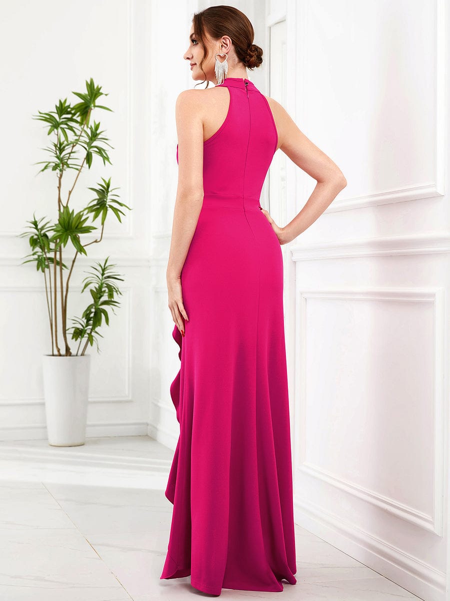 Ruffled Front Slit Cinched Waist Halter Sleeveless Evening Dress #color_Hot Pink