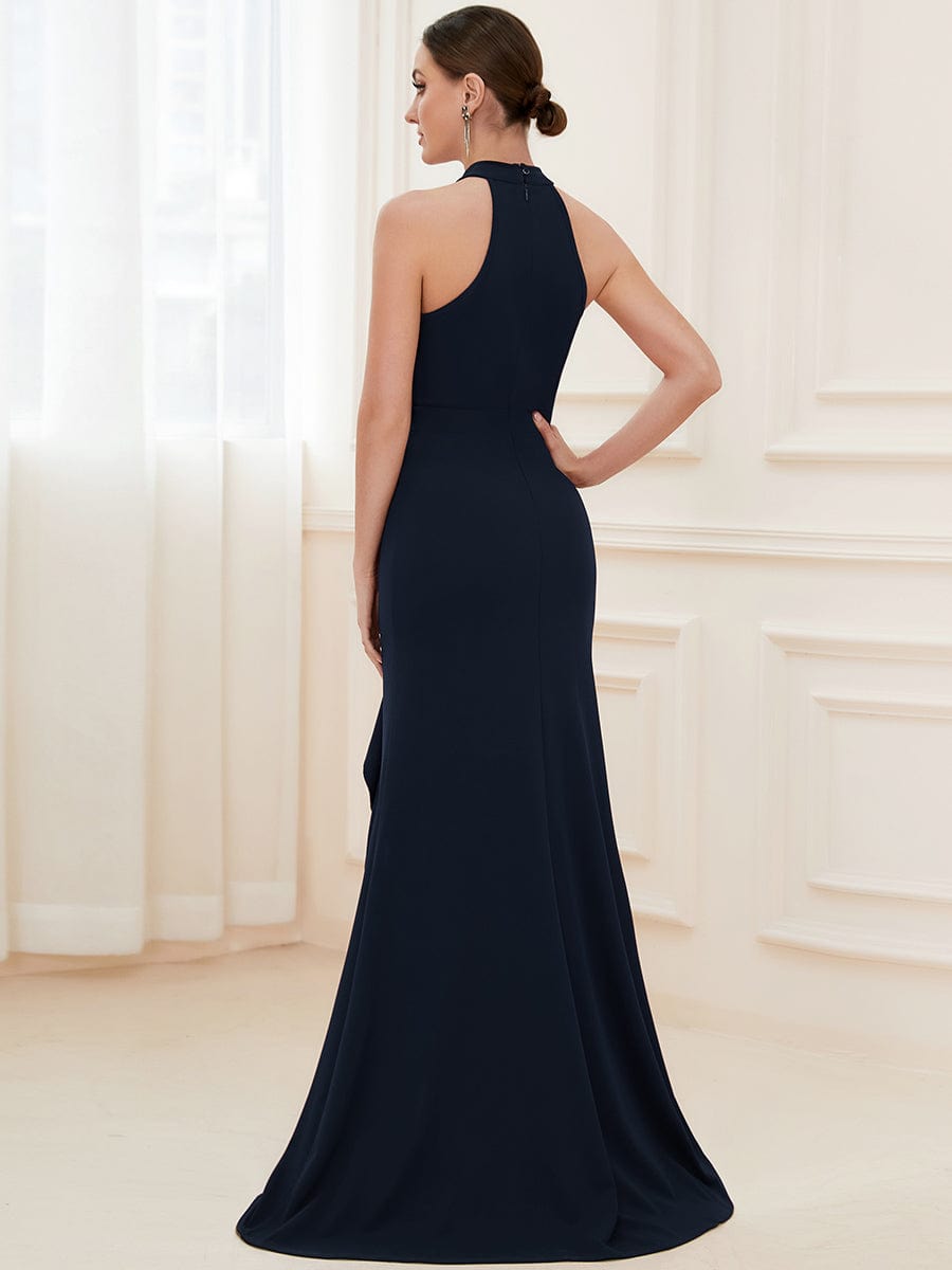 Ruffled Front Slit Cinched Waist Halter Sleeveless Evening Dress #color_Navy Blue