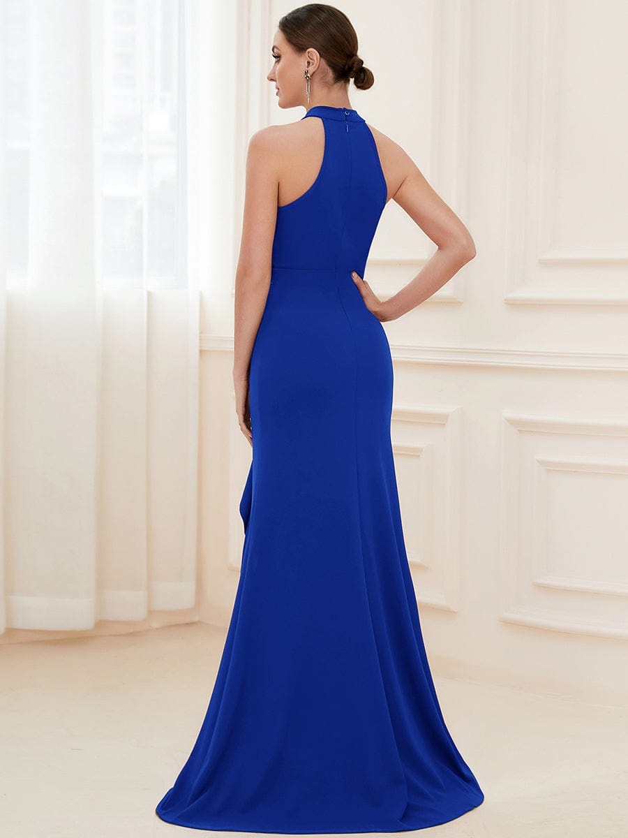 Ruffled Front Slit Cinched Waist Halter Sleeveless Evening Dress #color_Sapphire Blue