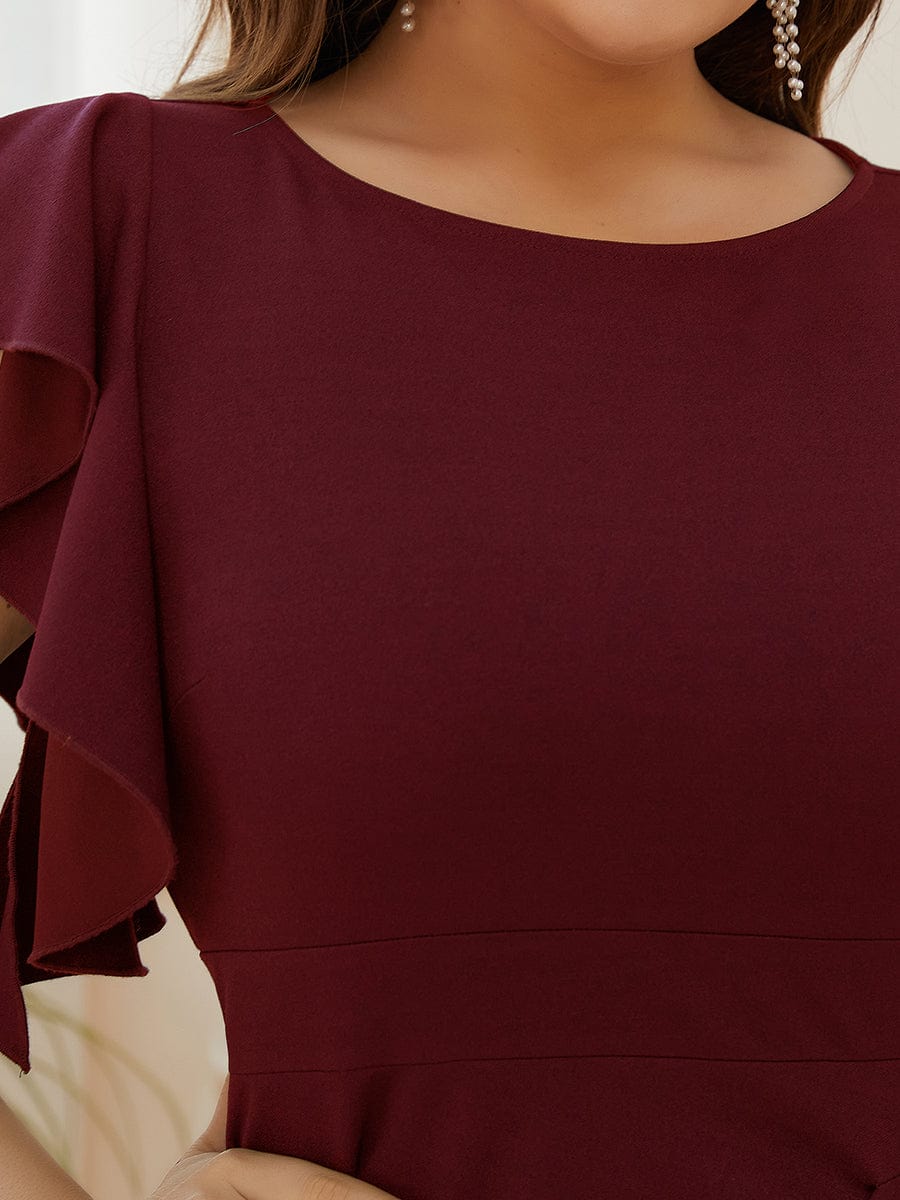 Ruffled Asymmetrical Front Slit Floor-Length Knit Evening Dress #color_Burgundy