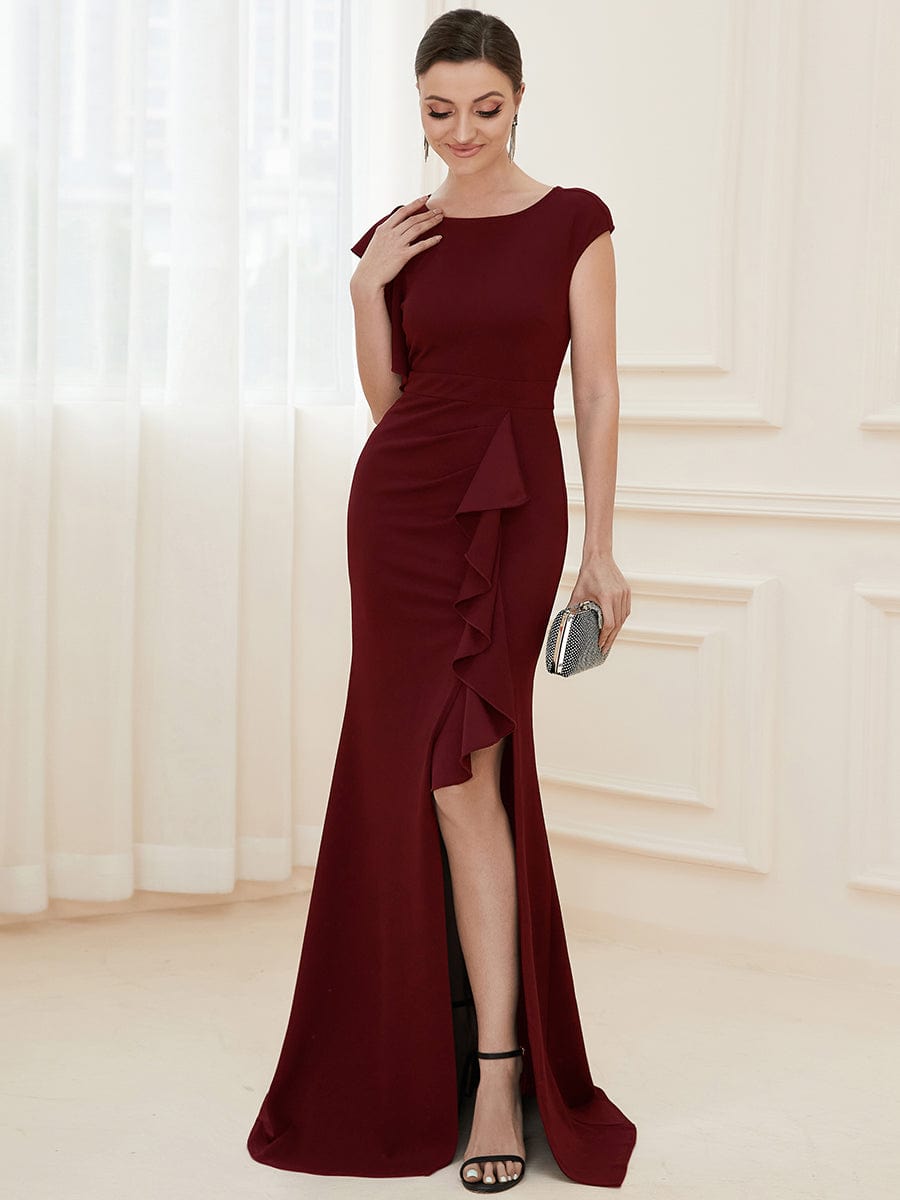 Ruffled Asymmetrical Front Slit Floor-Length Knit Evening Dress #color_Burgundy