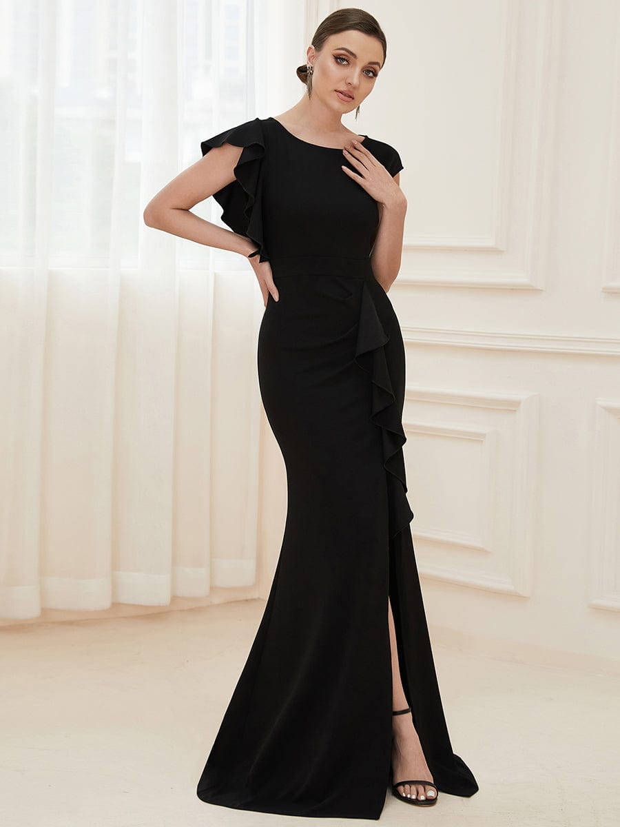 Ruffled Asymmetrical Front Slit Floor-Length Knit Evening Dress #color_Black
