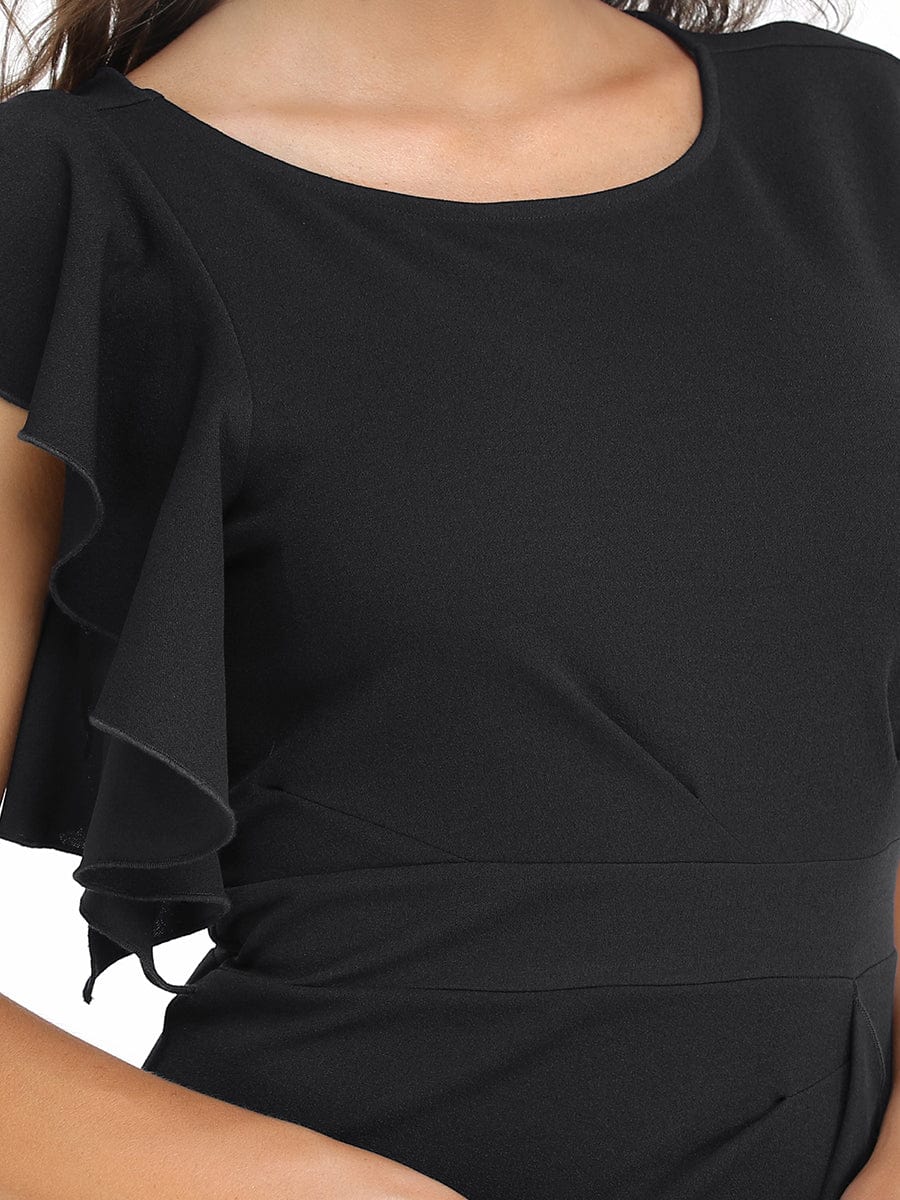Ruffled Asymmetrical Front Slit Floor-Length Knit Evening Dress #color_Black