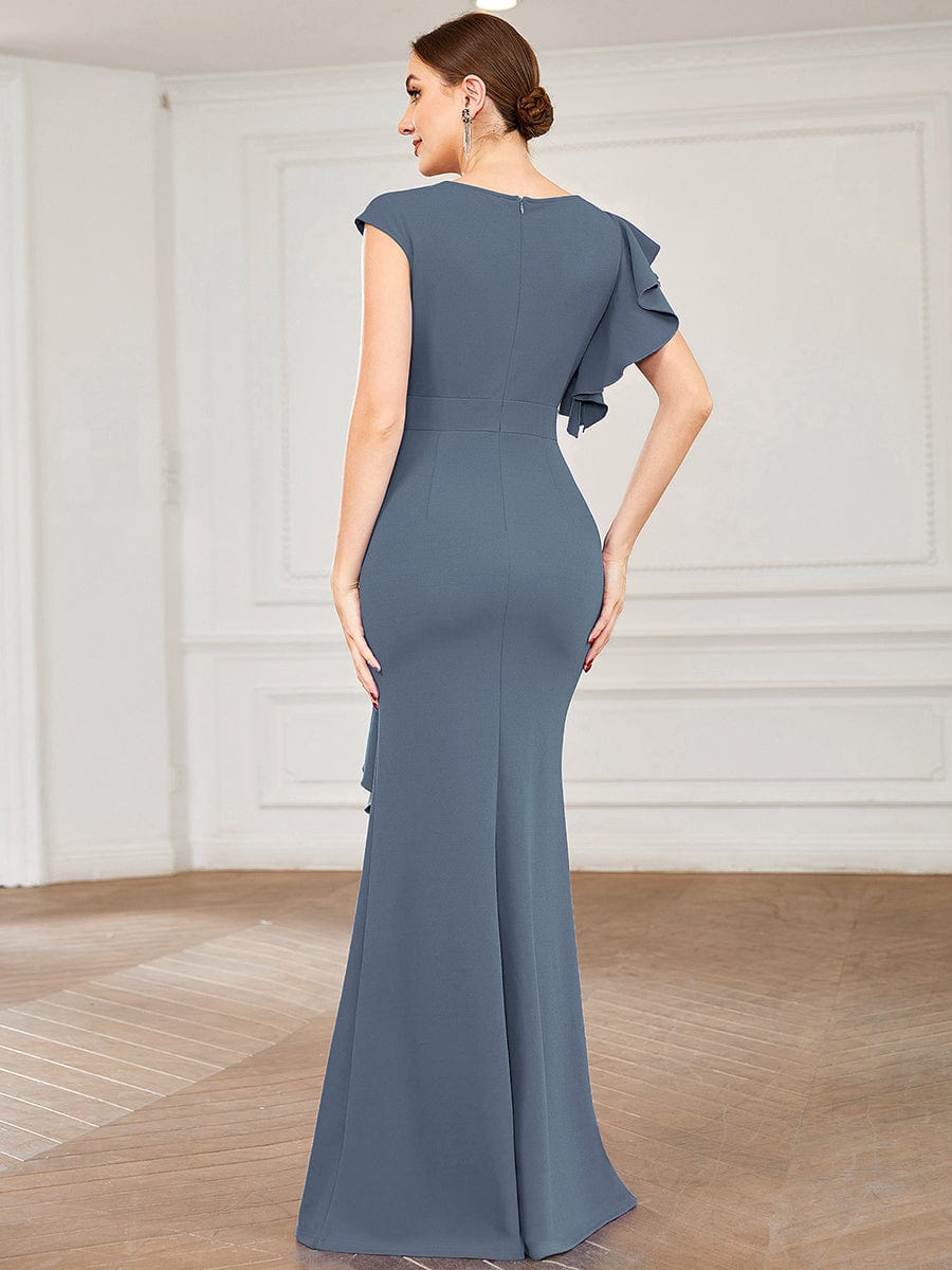 Ruffled Asymmetrical Front Slit Floor-Length Knit Evening Dress #color_Denin Blue