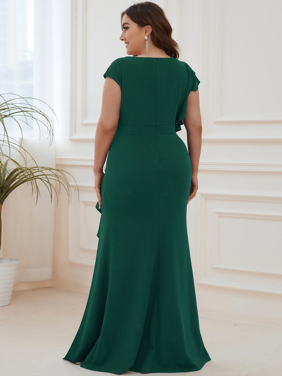 Ruffled Asymmetrical Front Slit Floor-Length Knit Evening Dress #color_Dark Green