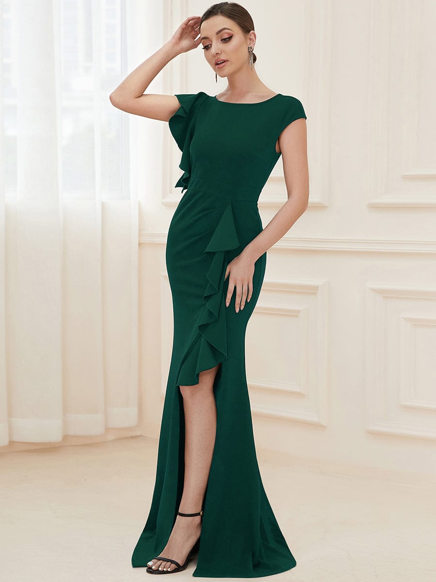 Ruffled Asymmetrical Front Slit Floor-Length Knit Evening Dress #color_Dark Green