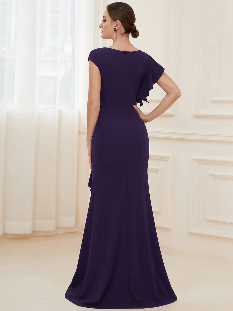 Ruffled Asymmetrical Front Slit Floor-Length Knit Evening Dress #color_Dark Purple
