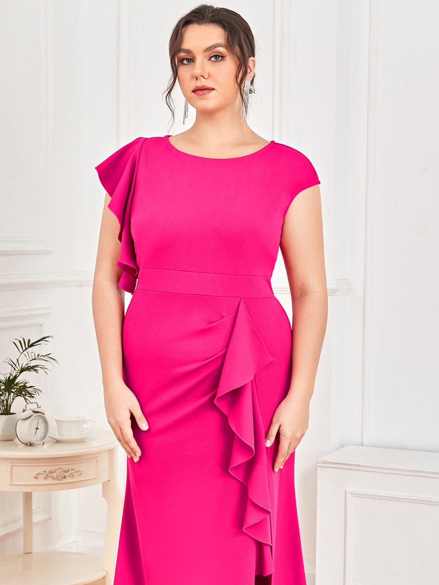 Ruffled Asymmetrical Front Slit Floor-Length Knit Evening Dress #color_Hot Pink