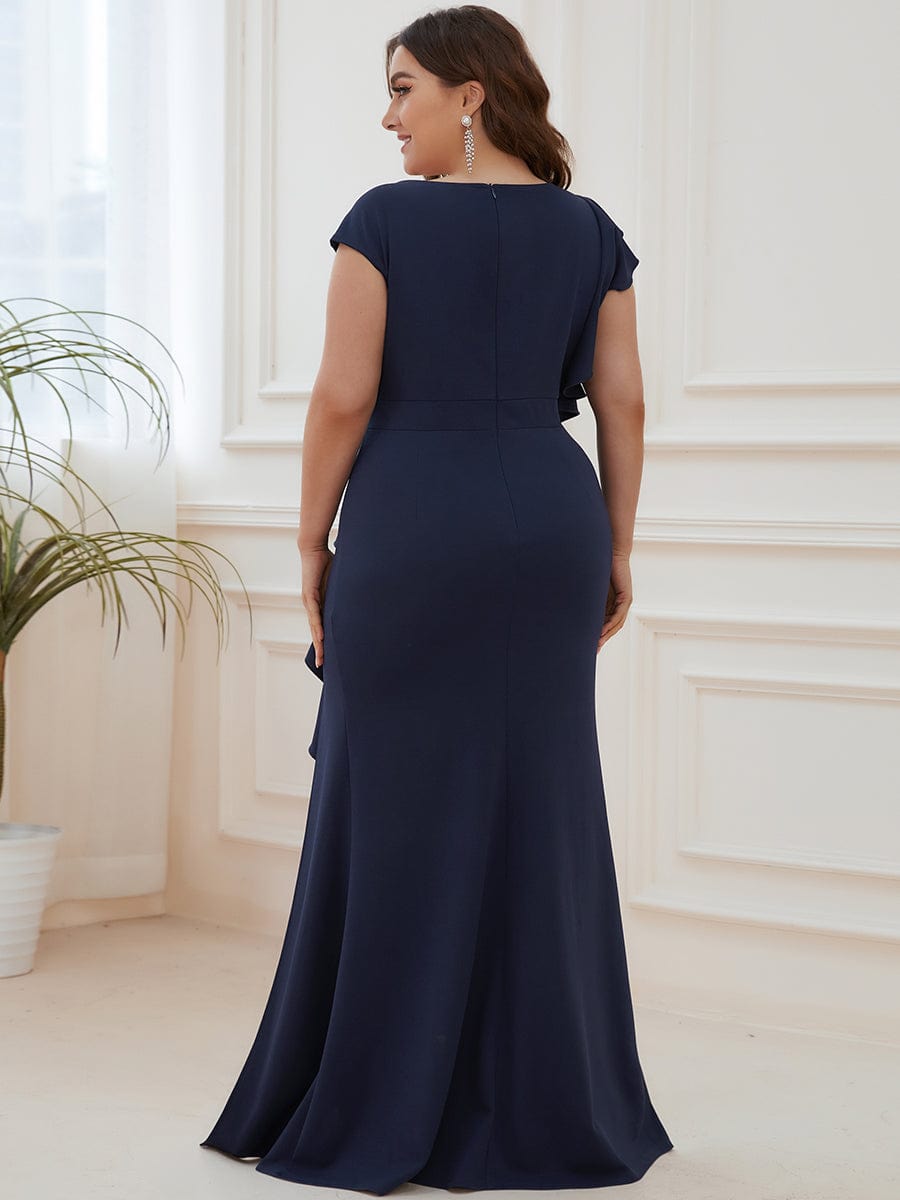 Ruffled Asymmetrical Front Slit Floor-Length Knit Evening Dress #color_Navy Blue