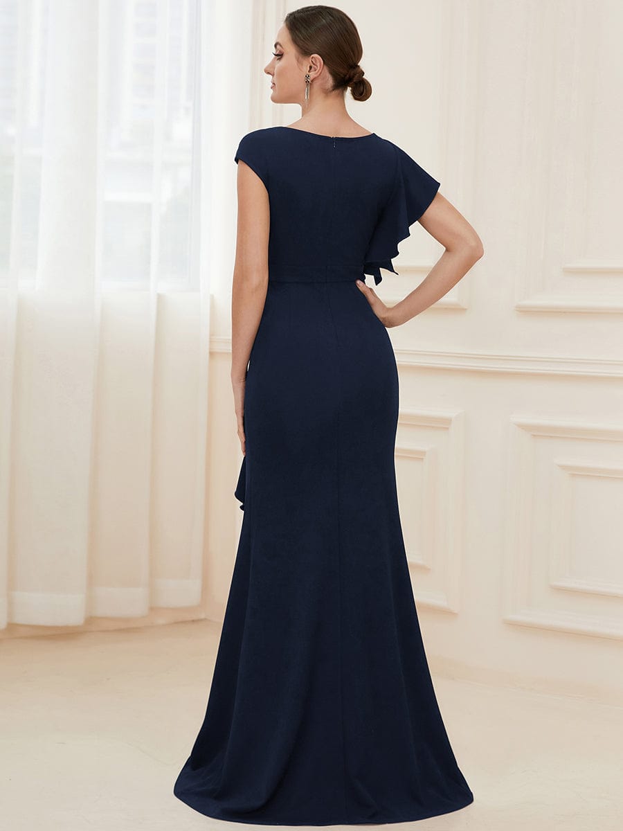 Ruffled Asymmetrical Front Slit Floor-Length Knit Evening Dress #color_Navy Blue