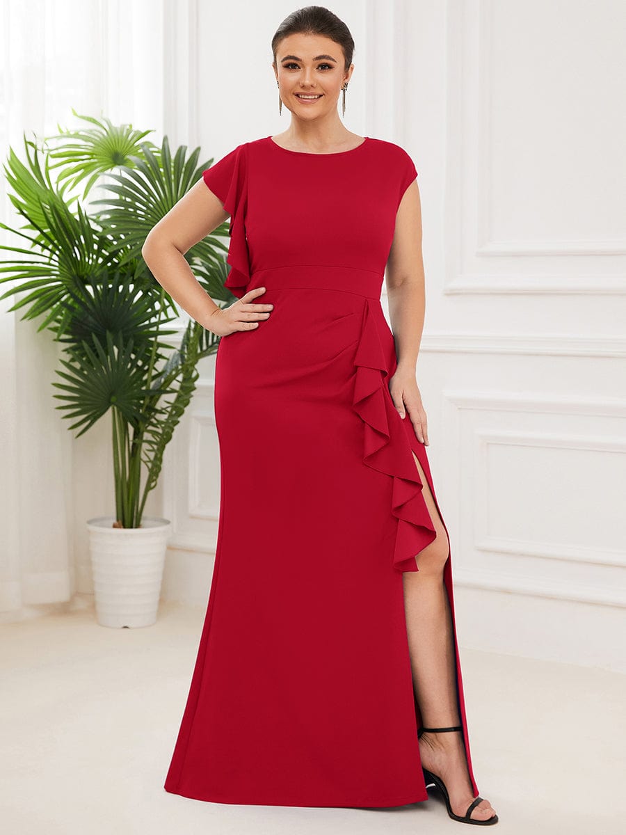 Ruffled Asymmetrical Front Slit Floor-Length Knit Evening Dress #color_Red