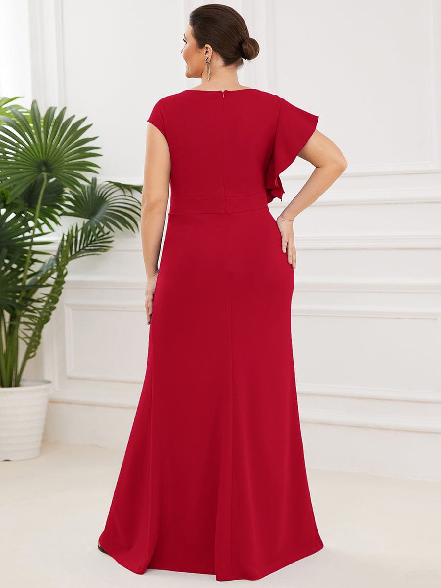 Ruffled Asymmetrical Front Slit Floor-Length Knit Evening Dress #color_Red