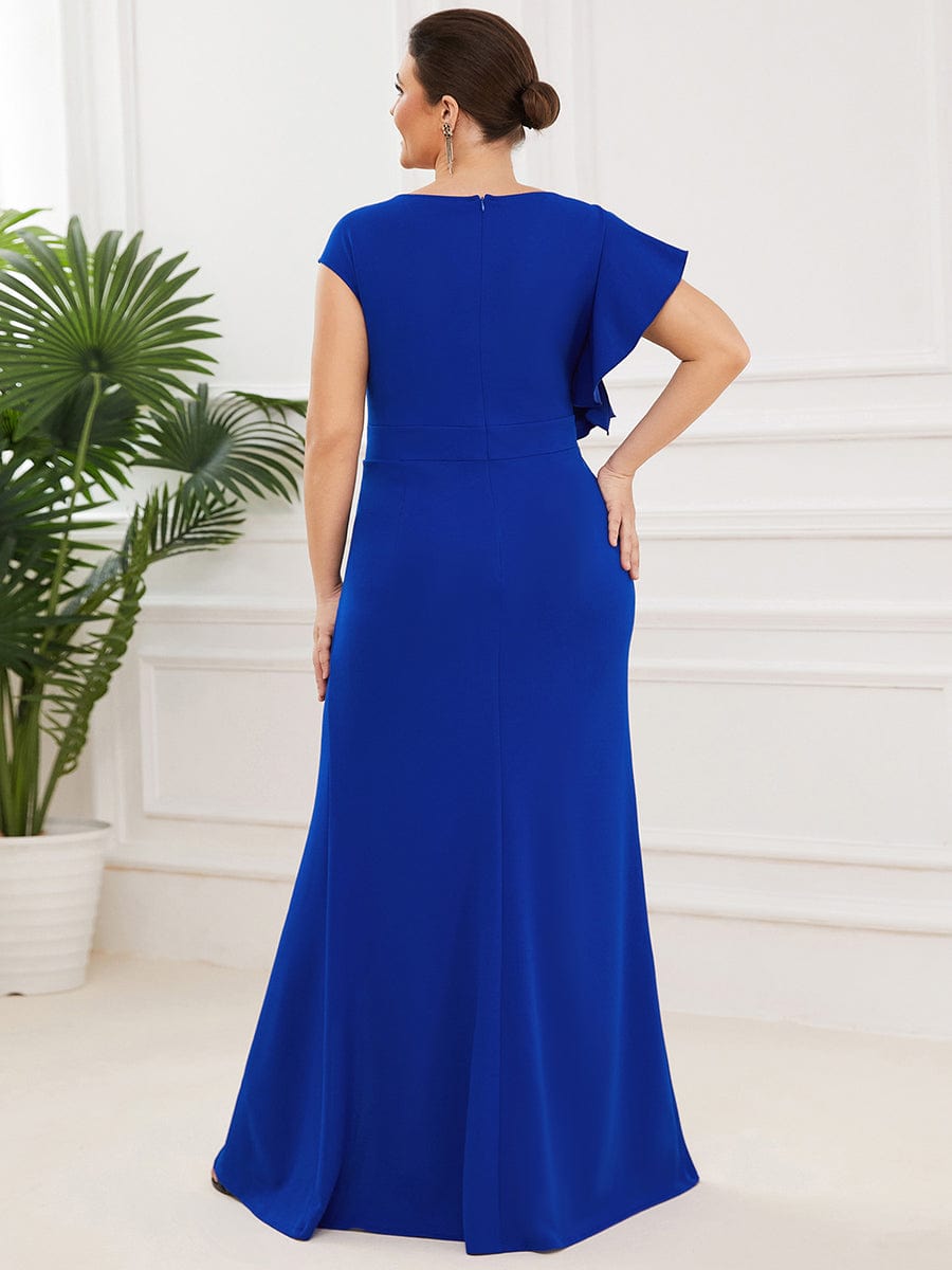 Ruffled Asymmetrical Front Slit Floor-Length Knit Evening Dress #color_Sapphire Blue