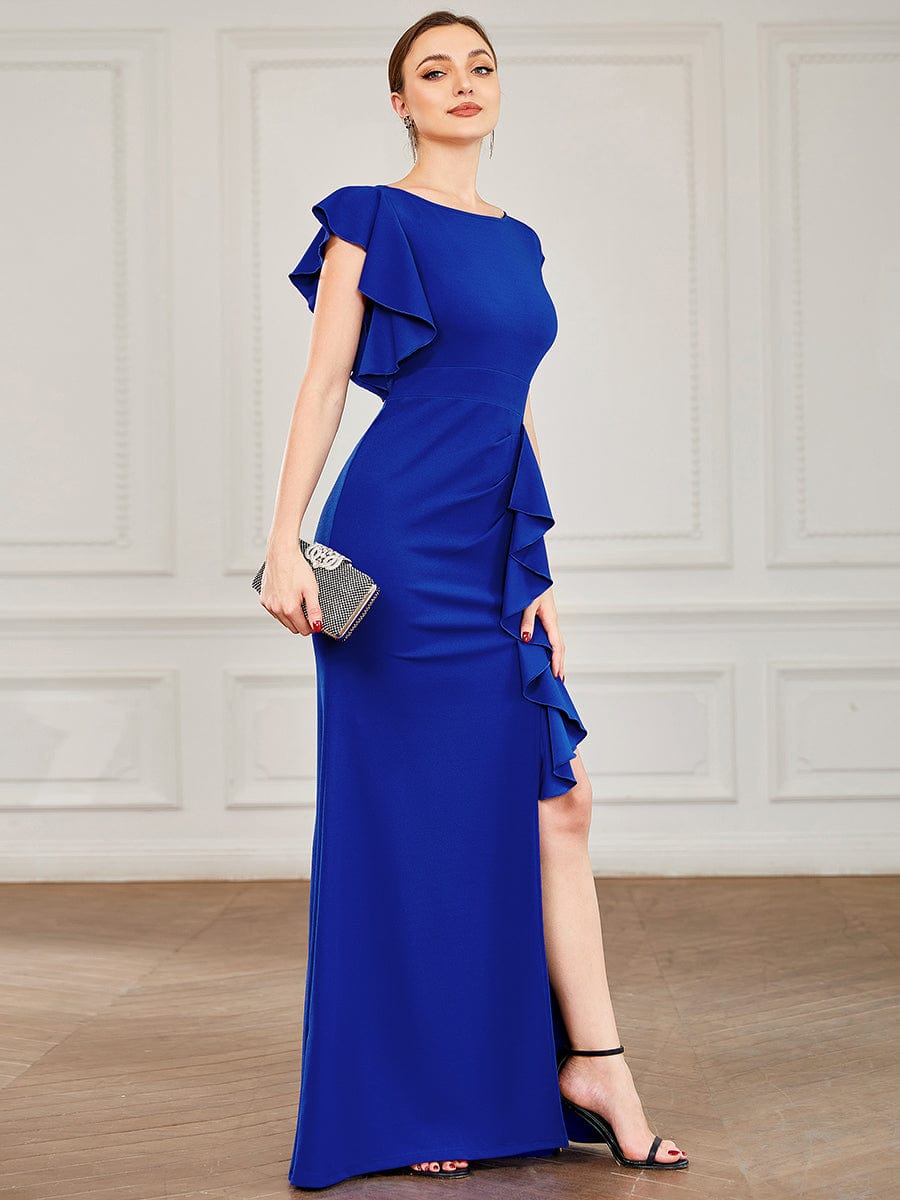 Ruffled Asymmetrical Front Slit Floor-Length Knit Evening Dress #color_Sapphire Blue