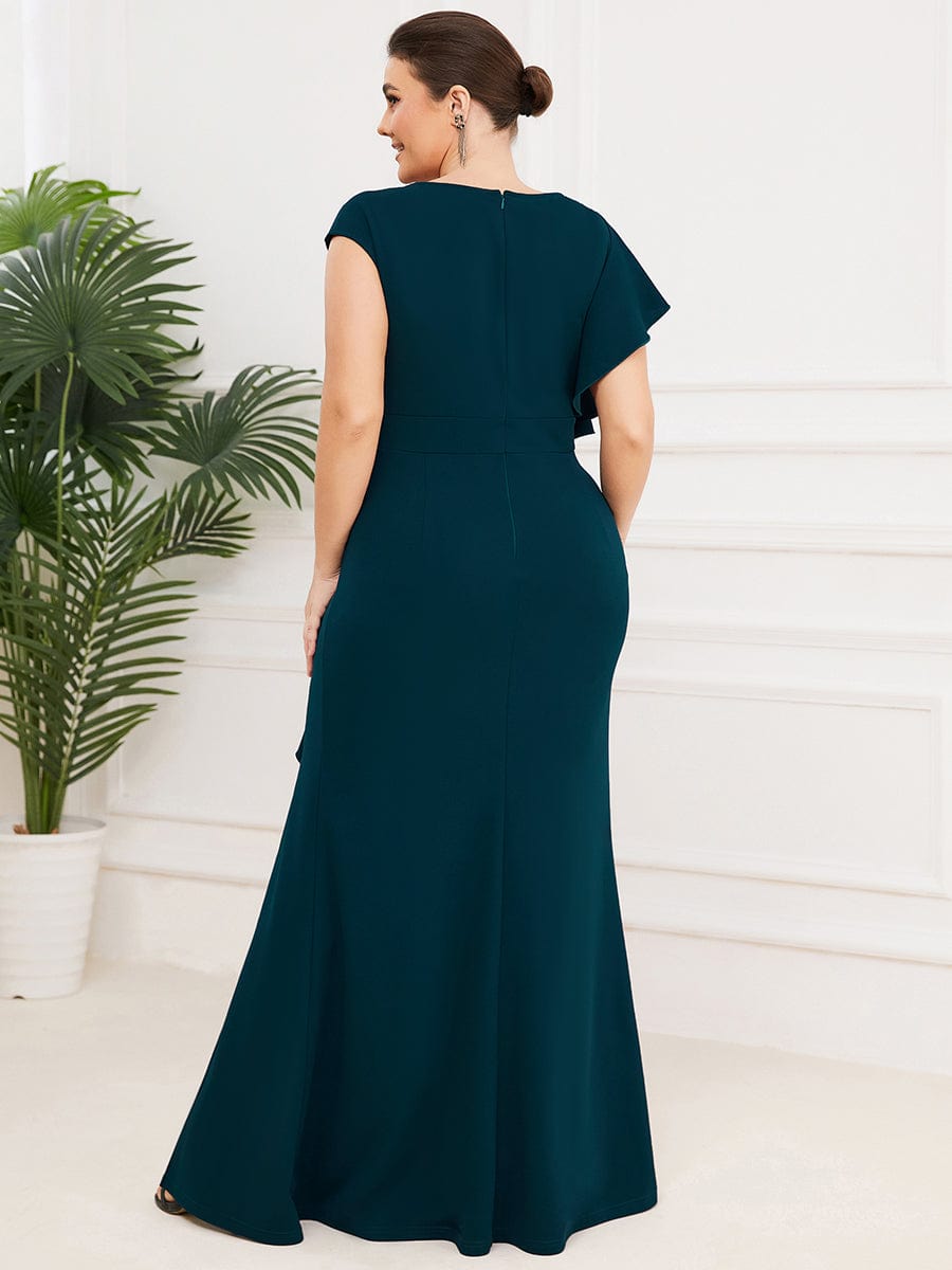 Ruffled Asymmetrical Front Slit Floor-Length Knit Evening Dress #color_Teal