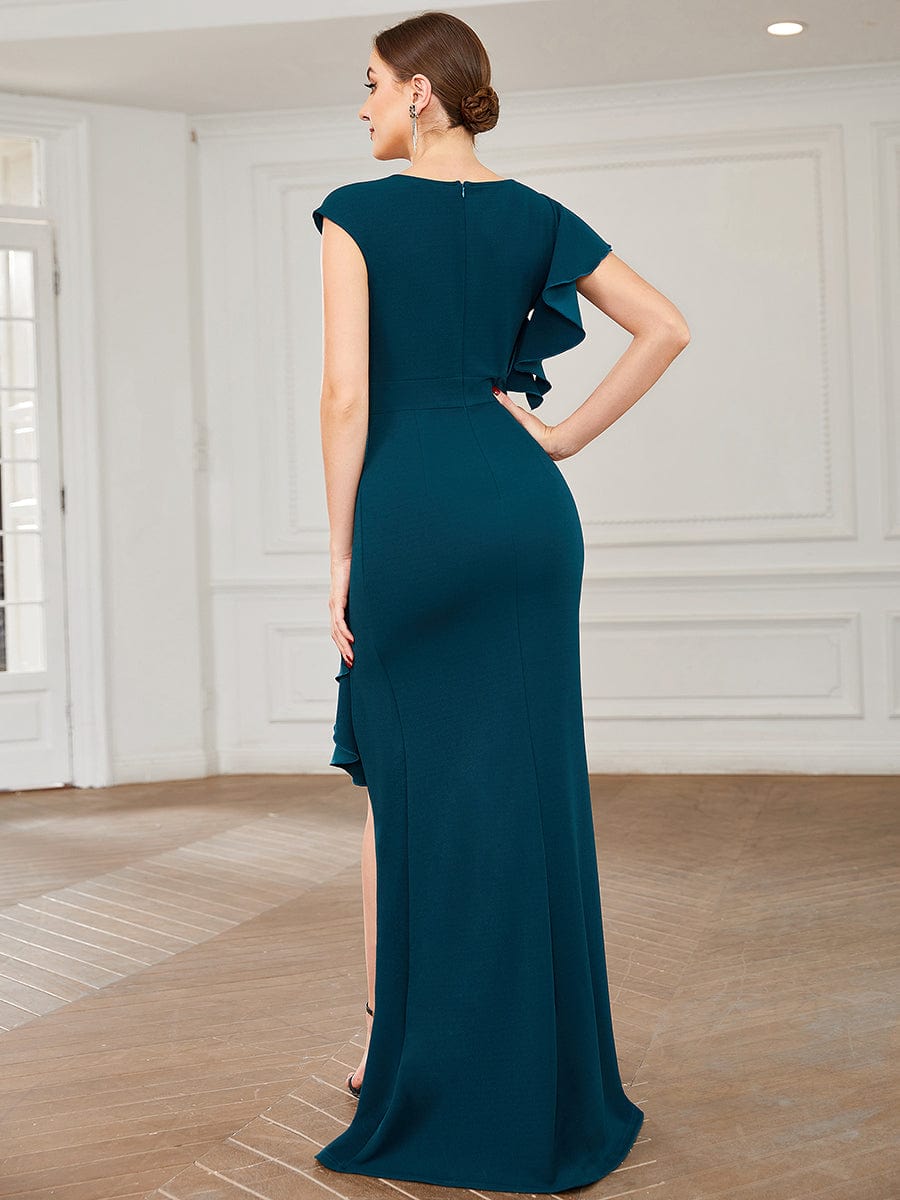 Ruffled Asymmetrical Front Slit Floor-Length Knit Evening Dress #color_Teal