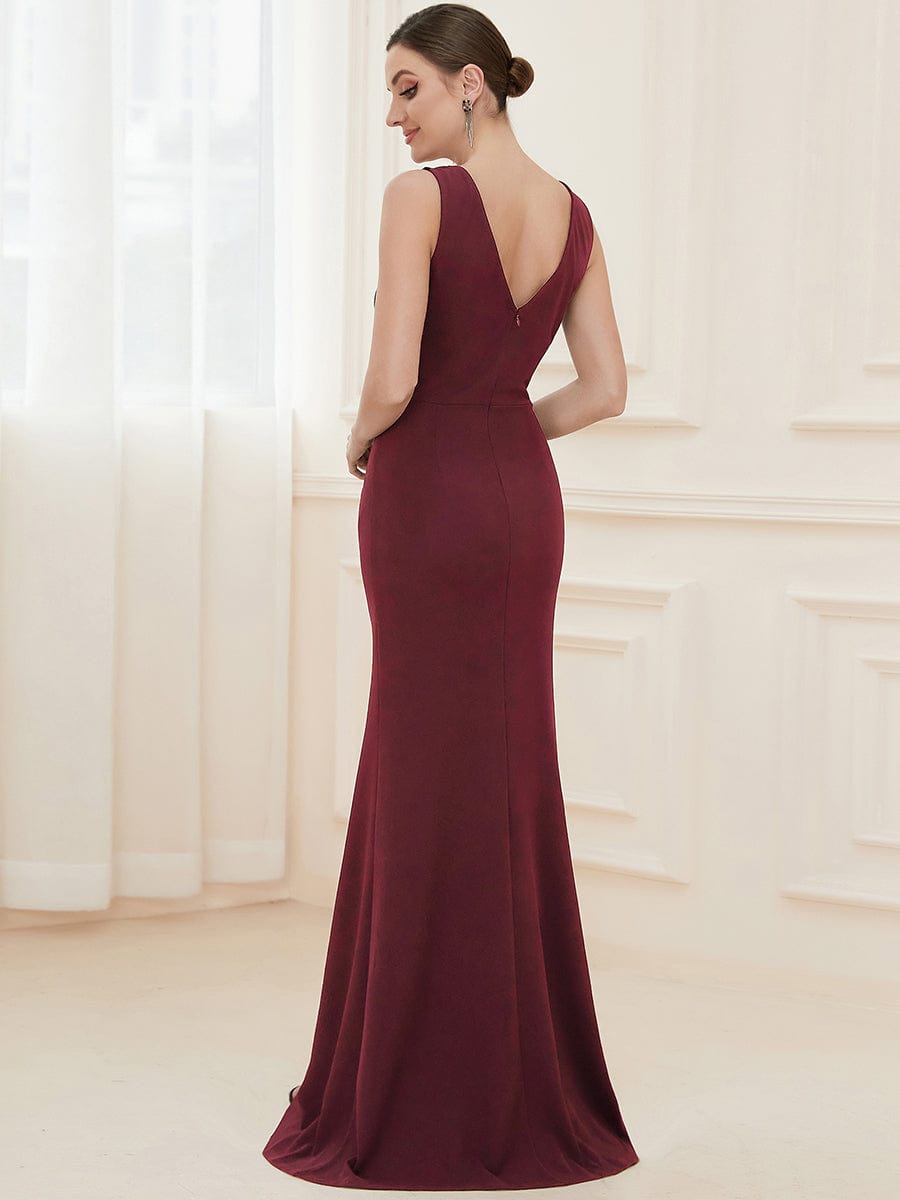 Front High Slit V-Neck Wrap Waist Knit Evening Dress #color_Burgundy