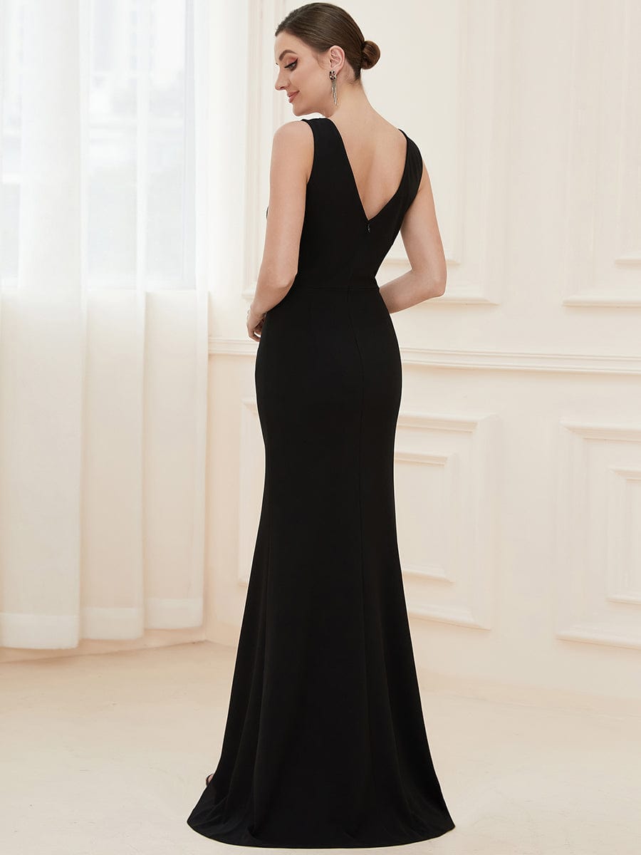 Front High Slit V-Neck Wrap Waist Knit Evening Dress #color_Black