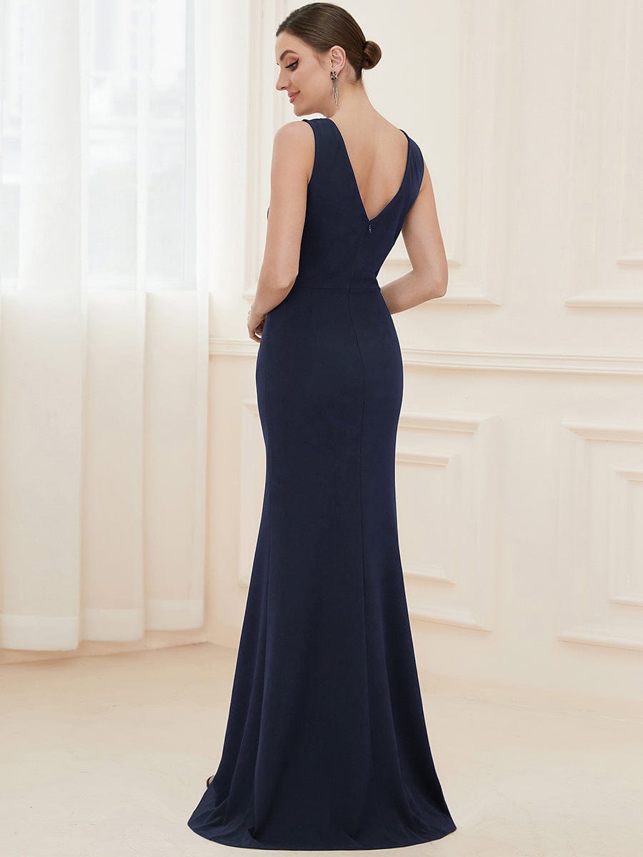 Front High Slit V-Neck Wrap Waist Knit Evening Dress #color_Navy Blue