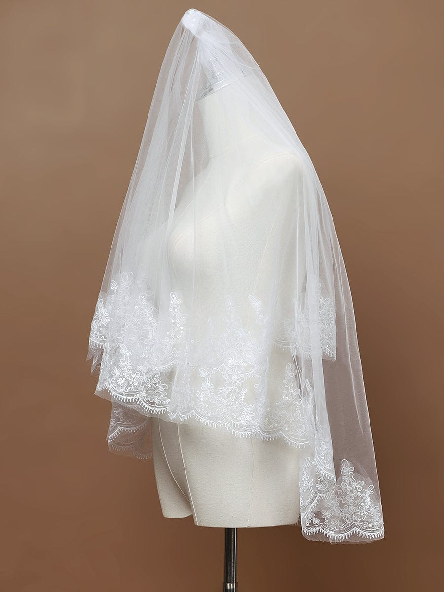 Double Tier Lace Applique Tulle Wedding Bridal Veil #color_Cream