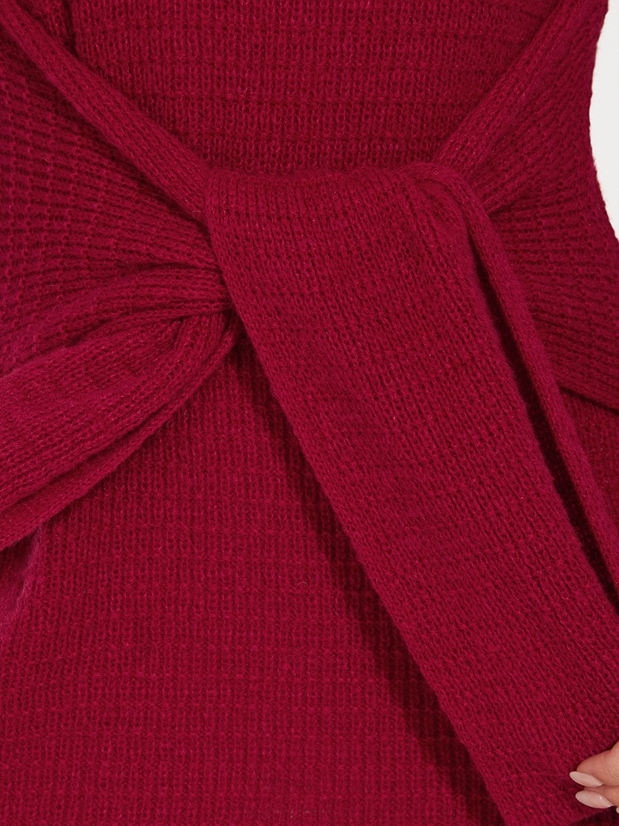 Bodycon Tie Waist Long Sleeve Ribbed Knit Sweater Dress #color_Burgundy