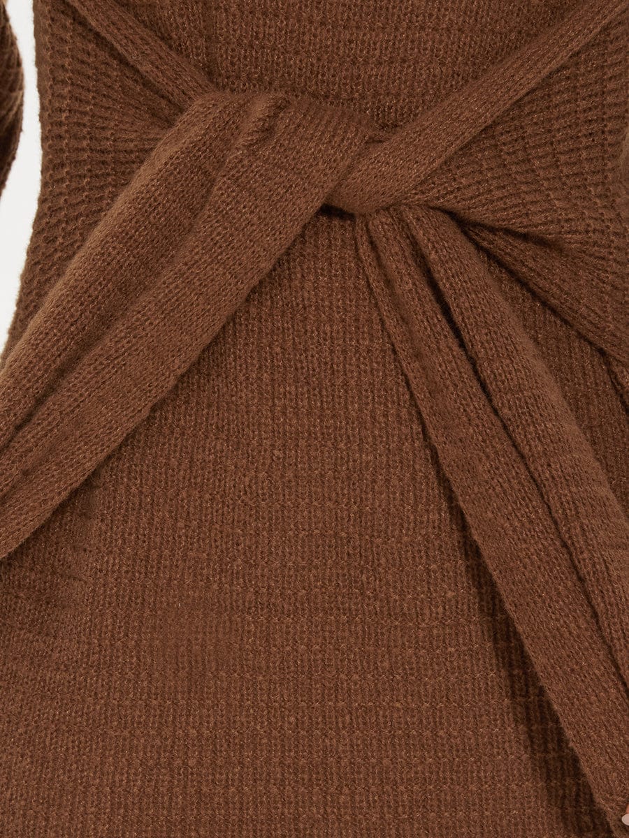 Bodycon Tie Waist Long Sleeve Ribbed Knit Sweater Dress #color_Brown