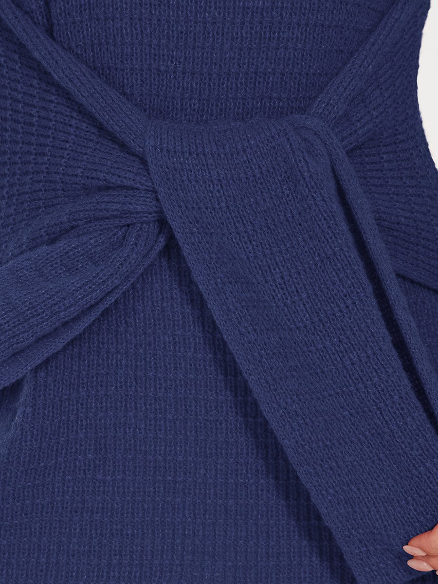 Bodycon Tie Waist Long Sleeve Ribbed Knit Sweater Dress #color_Navy Blue