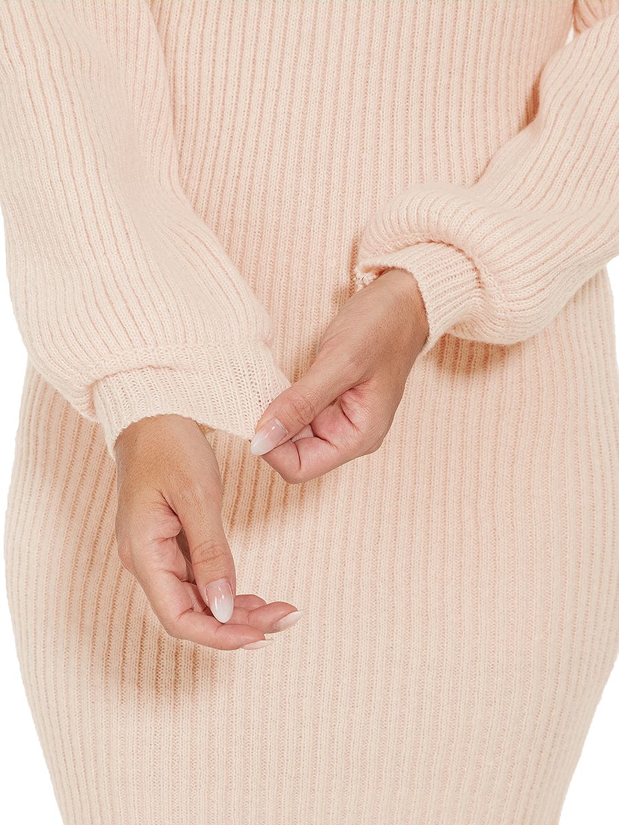 Long Lantern Sleeve Ribbed Knit High Neck Bodycon Sweater Dress #color_Beige