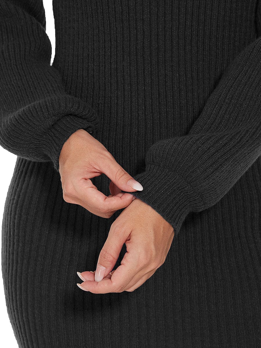 Long Lantern Sleeve Ribbed Knit High Neck Bodycon Sweater Dress #color_Black