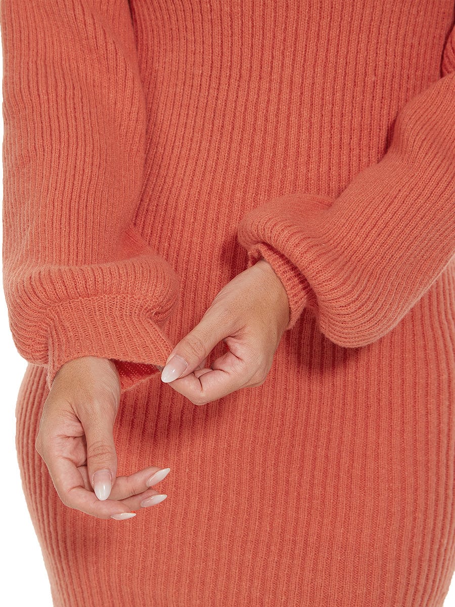 Long Lantern Sleeve Ribbed Knit High Neck Bodycon Sweater Dress #color_Burnt Orange