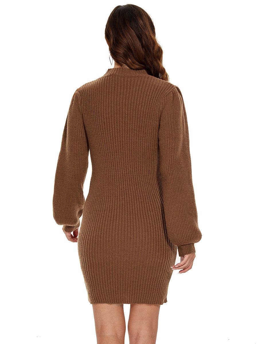 Long Lantern Sleeve Ribbed Knit High Neck Bodycon Sweater Dress #color_Brown