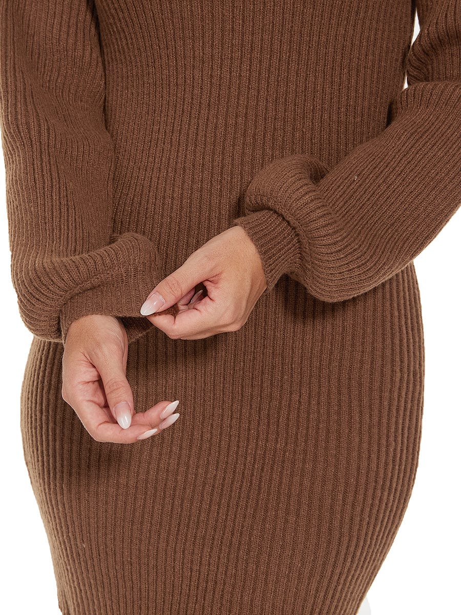 Long Lantern Sleeve Ribbed Knit High Neck Bodycon Sweater Dress #color_Brown