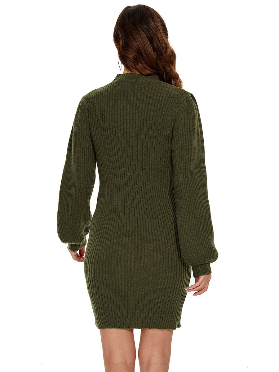 Long Lantern Sleeve Ribbed Knit High Neck Bodycon Sweater Dress #color_Dark Green