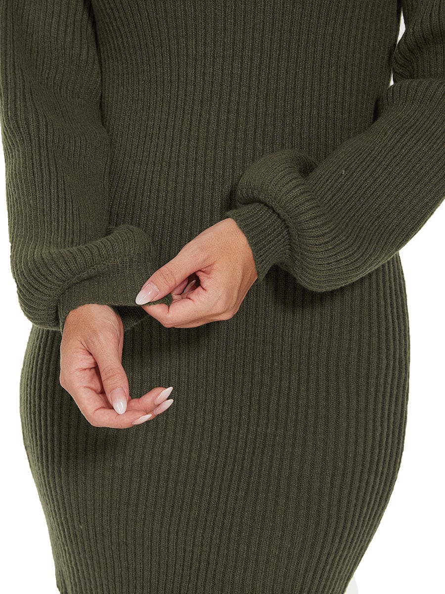 Long Lantern Sleeve Ribbed Knit High Neck Bodycon Sweater Dress #color_Dark Green