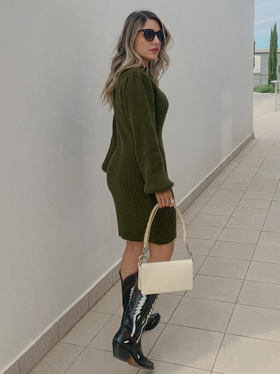 Long Lantern Sleeve Ribbed Knit High Neck Bodycon Sweater Dress #color_Dark Green