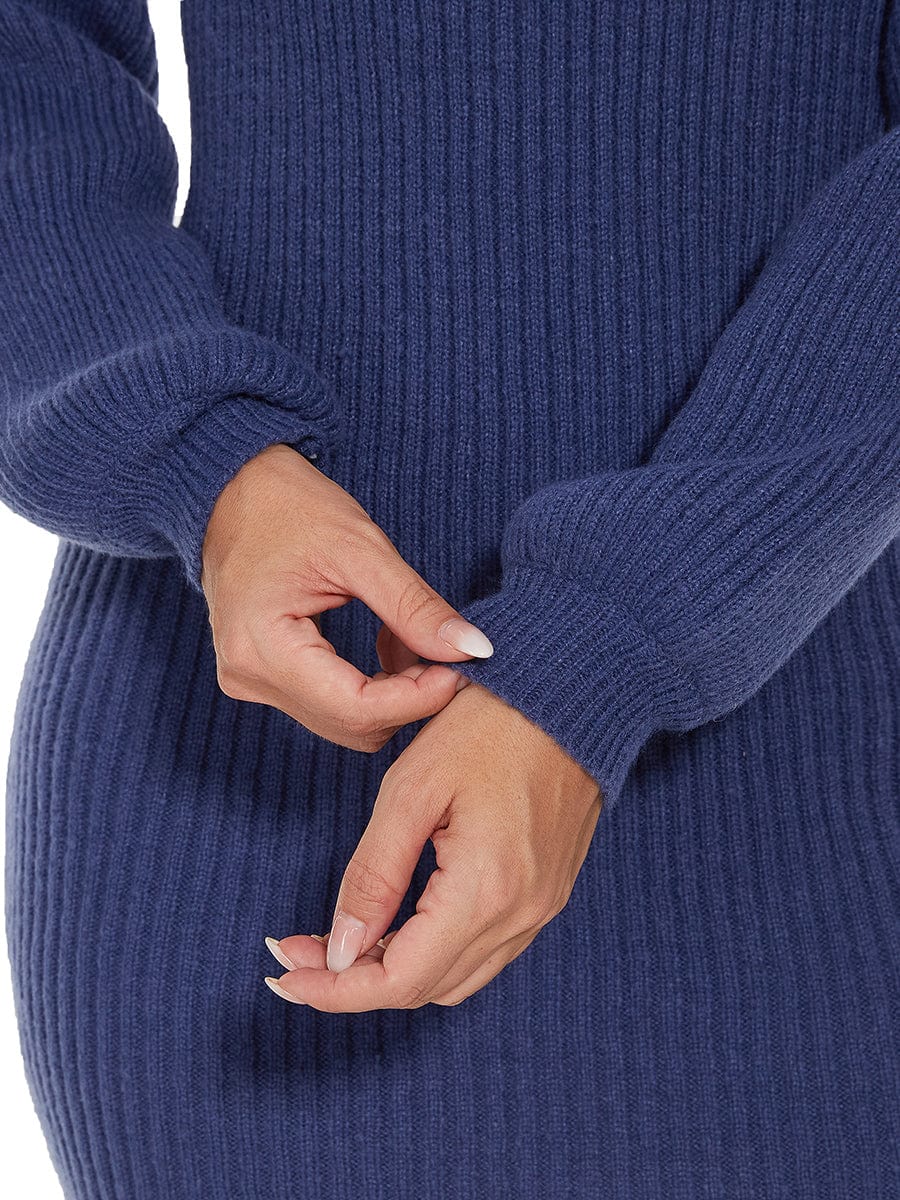 Long Lantern Sleeve Ribbed Knit High Neck Bodycon Sweater Dress #color_Navy Blue