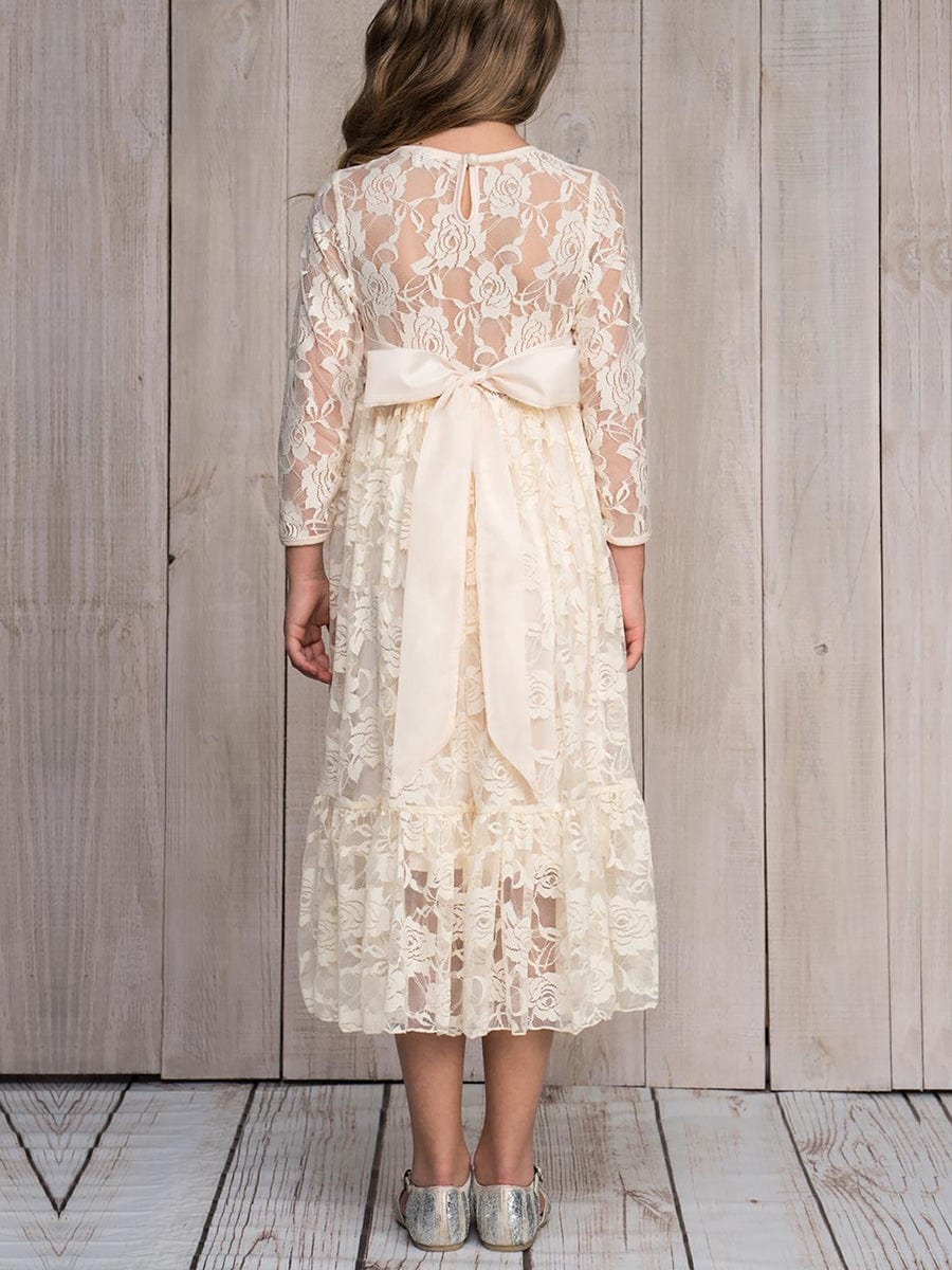 Pure Lace Long-Sleeve Round Neckline Flower Girl Dress  #color_Cream