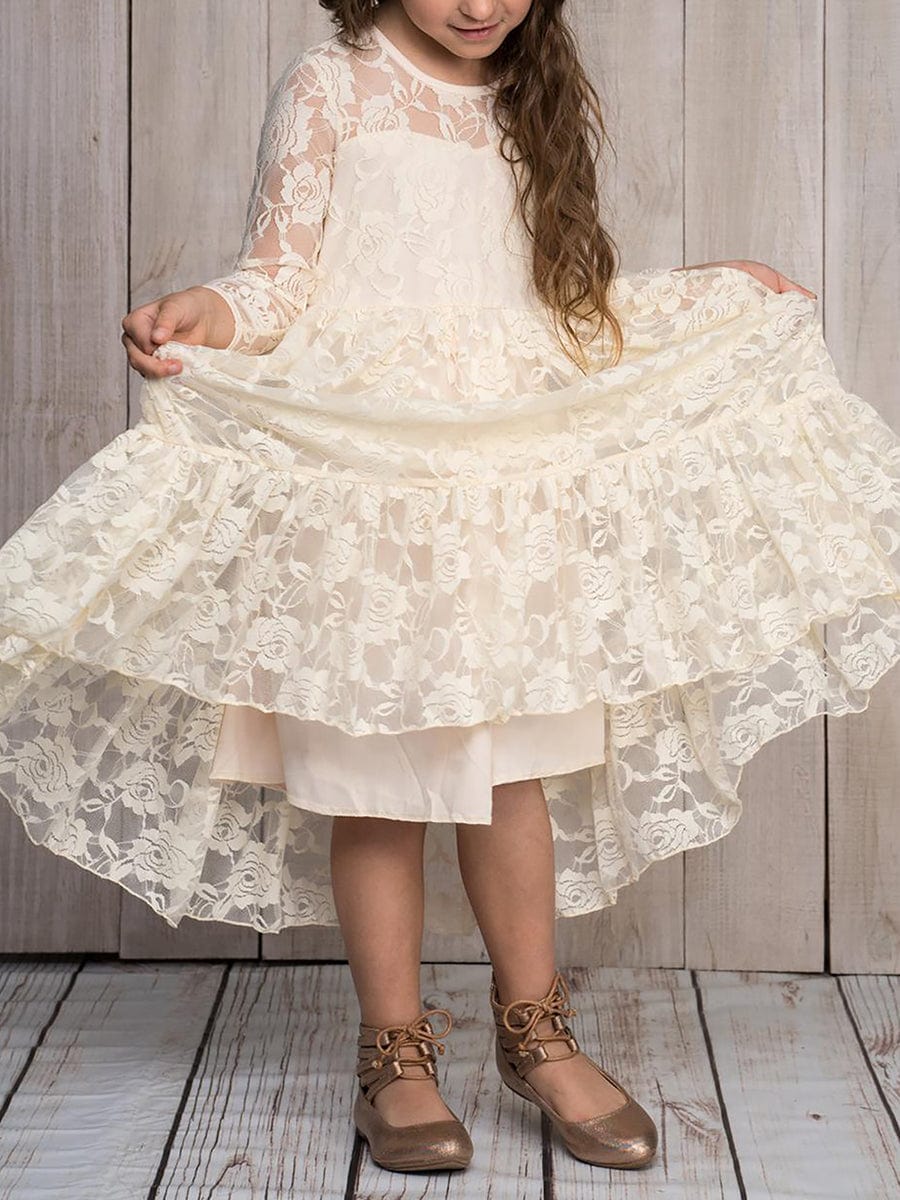 Pure Lace Long-Sleeve Round Neckline Flower Girl Dress  #color_Cream