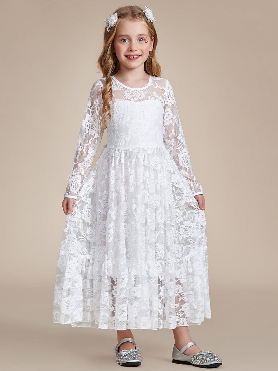 Pure Lace Long-Sleeve Round Neckline Flower Girl Dress  #color_White