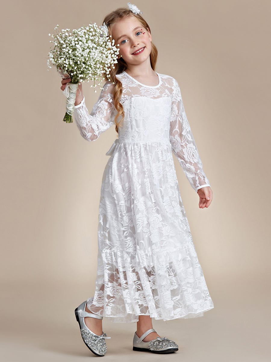 Pure Lace Long-Sleeve Round Neckline Flower Girl Dress  #color_White