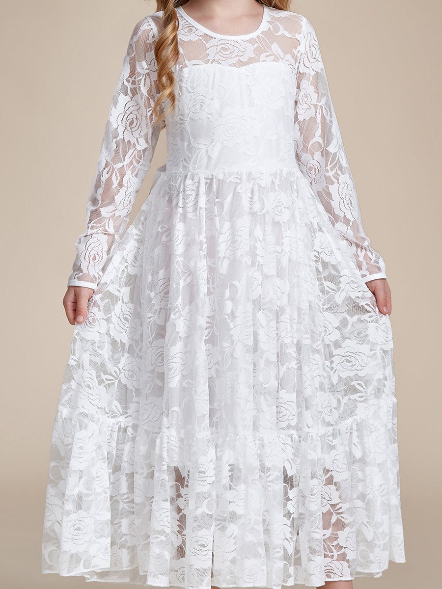 Pure Lace Long-Sleeve Round Neckline Flower Girl Dress  #color_White