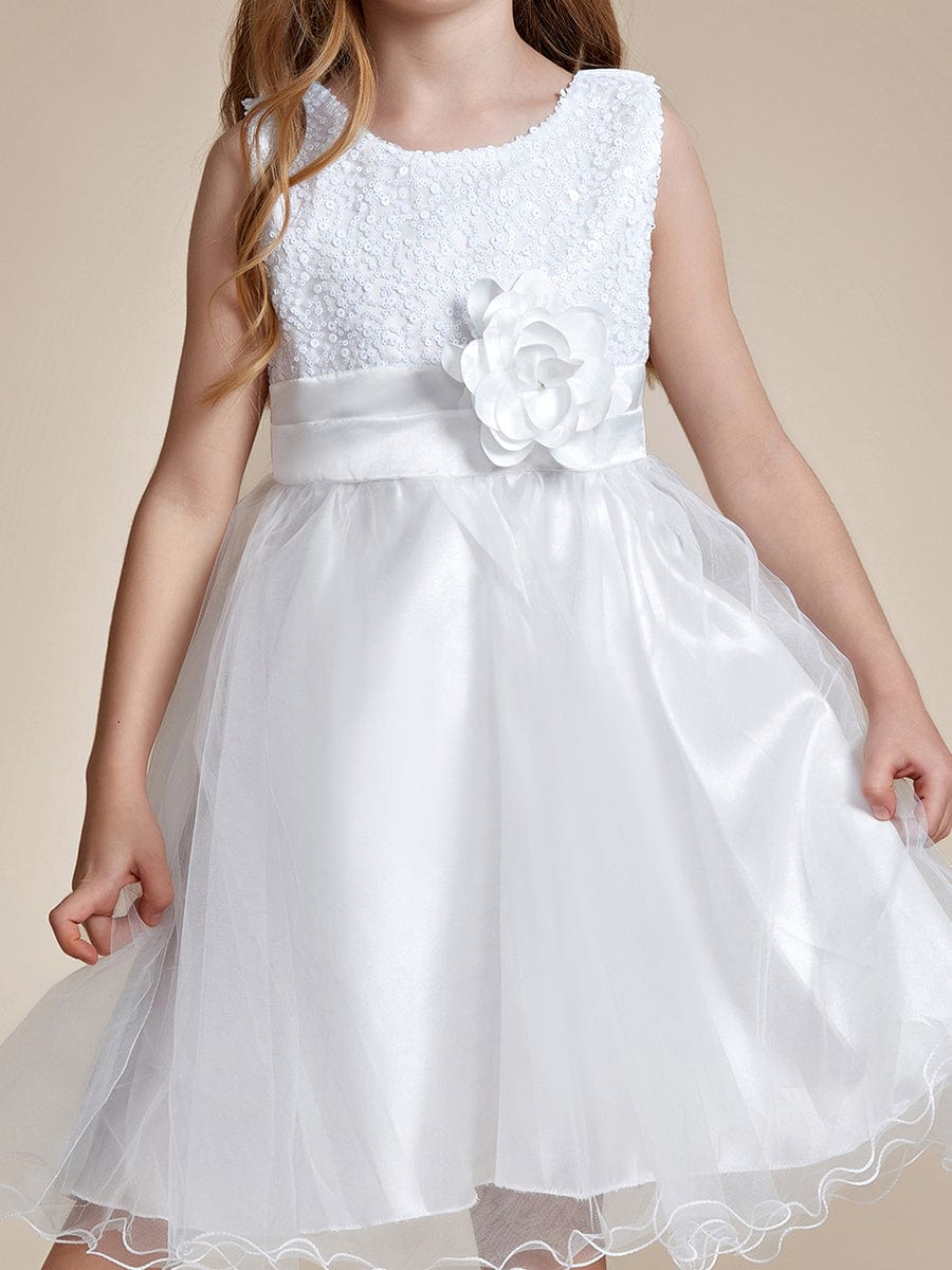 Sequin Bodice Double hemline Short Flower Girl Dress with Bowknot #color_White