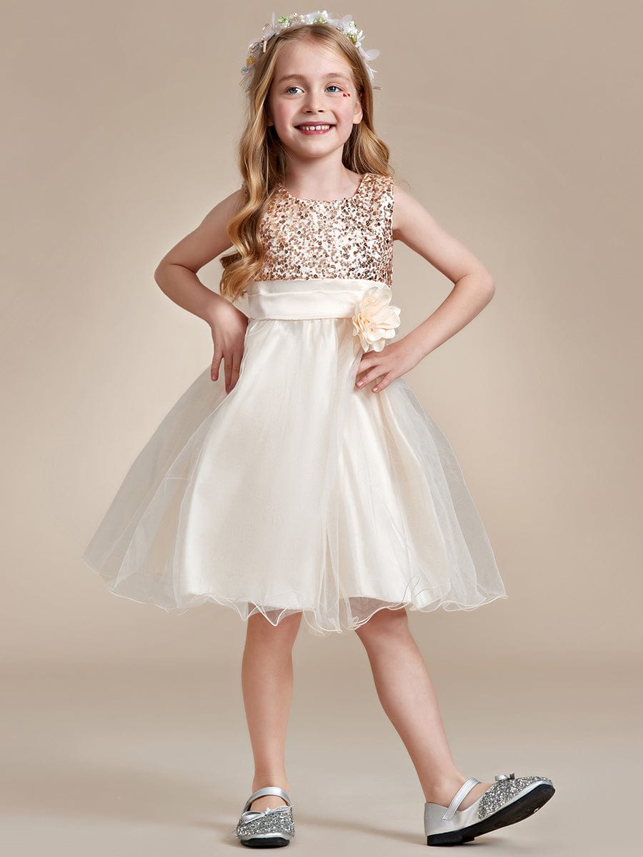 Sequin Bodice Double hemline Short Flower Girl Dress with Bowknot #color_Yellow