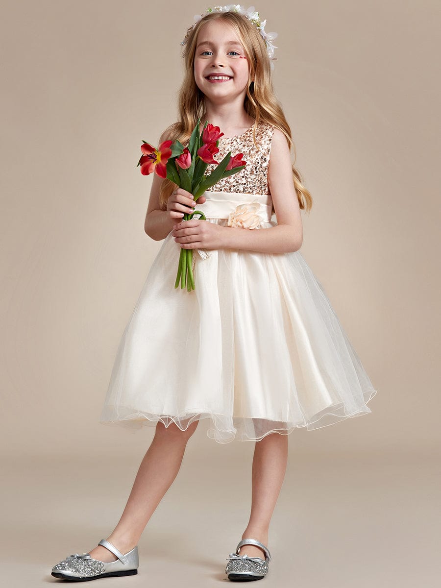 Sequin Bodice Double hemline Short Flower Girl Dress with Bowknot #color_Yellow