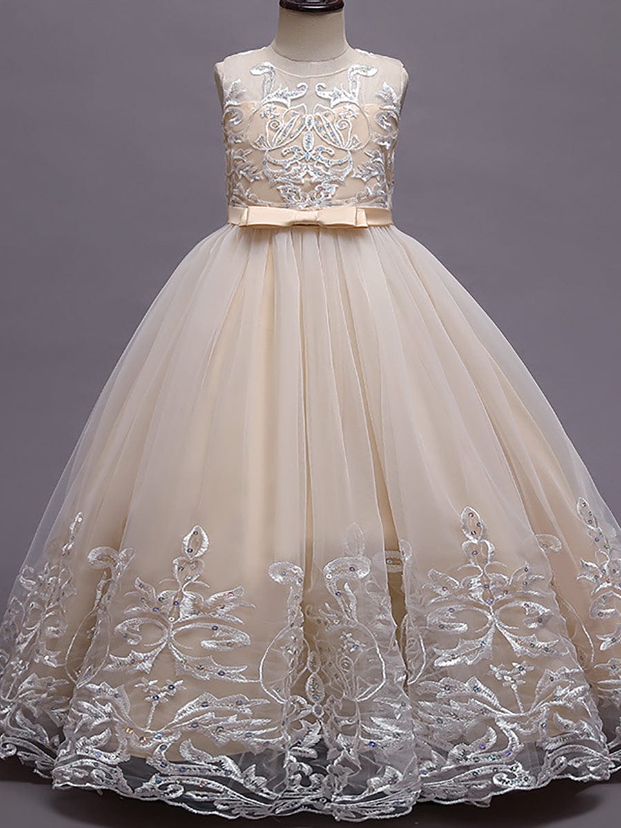 Gorgeous Applique Princess Dress for Flower Girl with Bowknot #color_Champagne