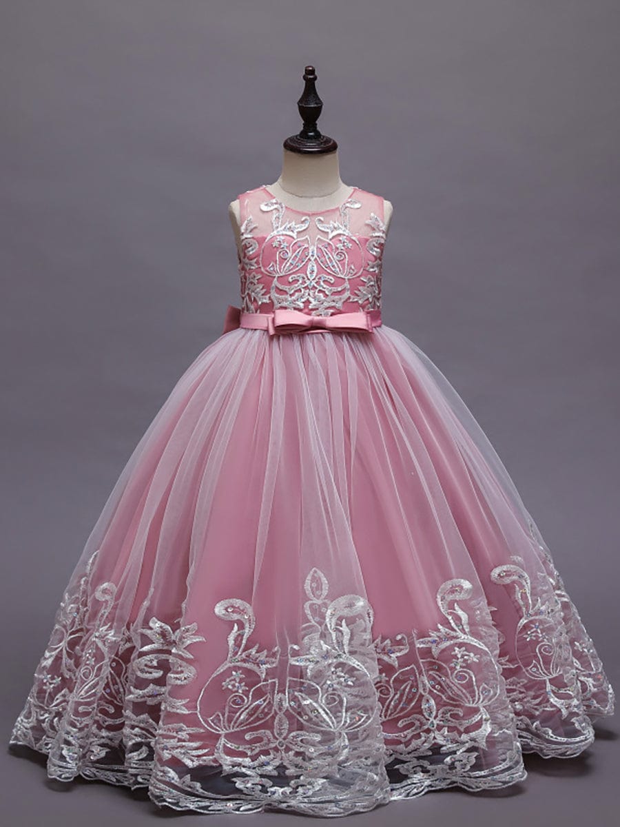 Gorgeous Applique Princess Dress for Flower Girl with Bowknot #color_Pink