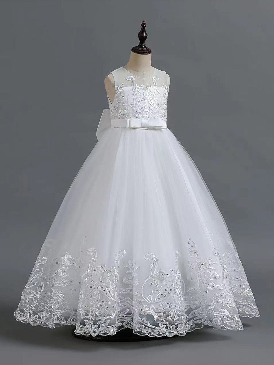 Gorgeous Applique Princess Dress for Flower Girl with Bowknot #color_White