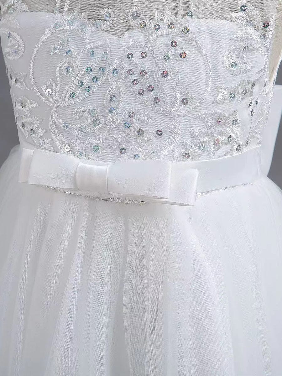 Gorgeous Applique Princess Dress for Flower Girl with Bowknot #color_White